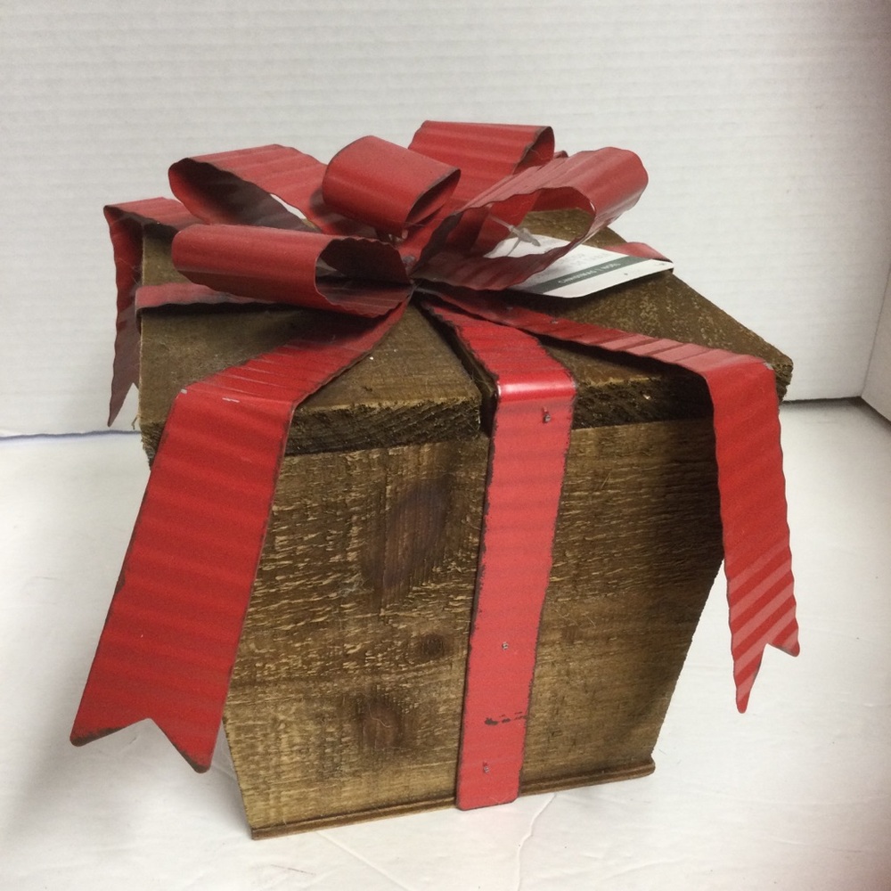 Ashland Rustic Wooden Brown Gift Box with Red Metal Bow NWT